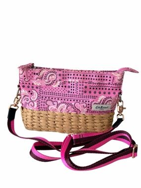CATH KIDSTON Straw Basket Cross Body Small Pink Cotton Bandana Women’s Bag Purse